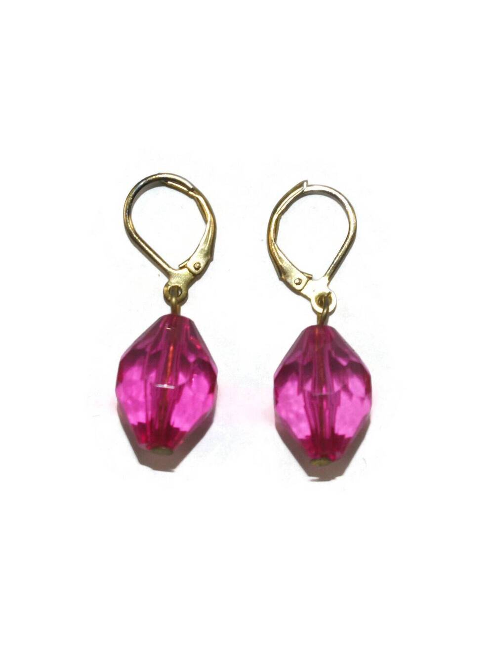 Vintage Gold Tone and Pink Plastic Dangle Earrings with Pierced Ears.